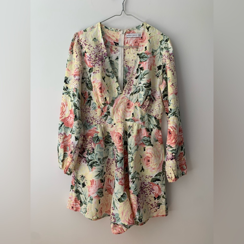 Faithfull the Brand Floral Linen V Neck Long Sleeve Romper in Pink & Green
